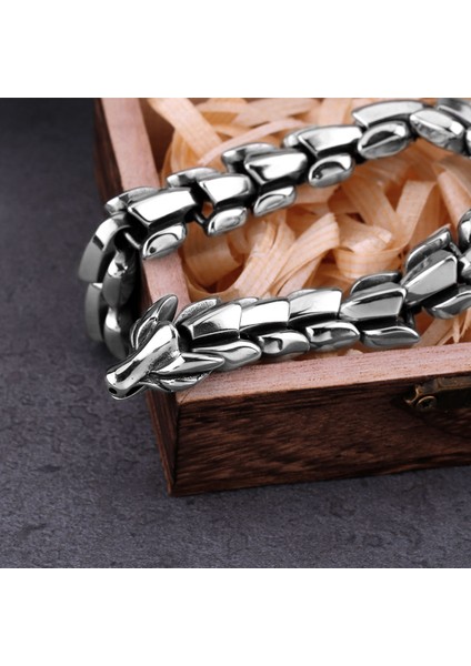 Siyah 19 cm Iskandinav Viking Ouroboros Vintage Punk Ejderha Bilezik Erkek Charm Paslanmaz Çelik Moda Hayvan Figürlü Mücevherat Hip Hop Sokak Kültürü (Yurt Dışından)
