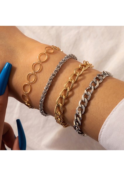 MM-16449 Zyzq Trendy Altın Metal Kalın Zincir Bilezikler Kadın Erkek Pentagram Kalp Boncuk Figaro Zincir Charm Bilezik Takı Seti (Yurt Dışından)