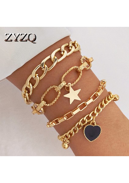 MM-16449 Zyzq Trendy Altın Metal Kalın Zincir Bilezikler Kadın Erkek Pentagram Kalp Boncuk Figaro Zincir Charm Bilezik Takı Seti (Yurt Dışından)