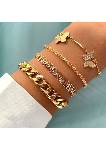 MM-16449 Zyzq Trendy Altın Metal Kalın Zincir Bilezikler Kadın Erkek Pentagram Kalp Boncuk Figaro Zincir Charm Bilezik Takı Seti (Yurt Dışından)