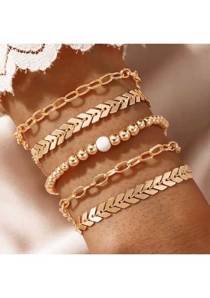 MM-16449 Zyzq Trendy Altın Metal Kalın Zincir Bilezikler Kadın Erkek Pentagram Kalp Boncuk Figaro Zincir Charm Bilezik Takı Seti (Yurt Dışından)