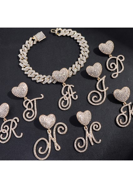 J Hip Hop Bling A-Z Cursive Ilk Harf Küba Zincir Bilezikler Kadınlar Için Buzlu Out Rhinestone Prong Küba Bilezik Trendy Takı (Yurt Dışından) fırsatları