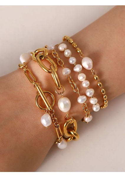 JDB201075 Uworld Zarif Doğal Inci 18K Pvd Altın Kaplama Zincir Bileklik 361L Paslanmaz Çelik Su Geçirmez Takı Kadın Hediye Bijoux Femme (Yurt Dışından)
