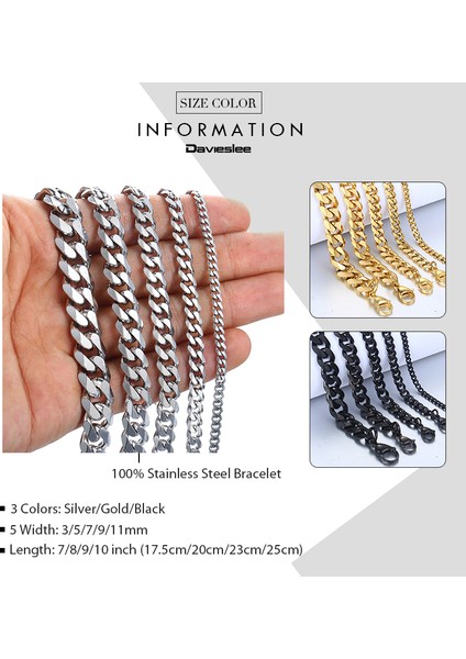 Altın Rengi Erkekler Kadınlar Için 10 Inç 25 cm Bilezik Curb Küba Link Zinciri Paslanmaz Çelik Erkek Bayan Bilezikler Zincirler Davieslee Takı Erkekler Için DLKBM05 (Yurt Dışından)