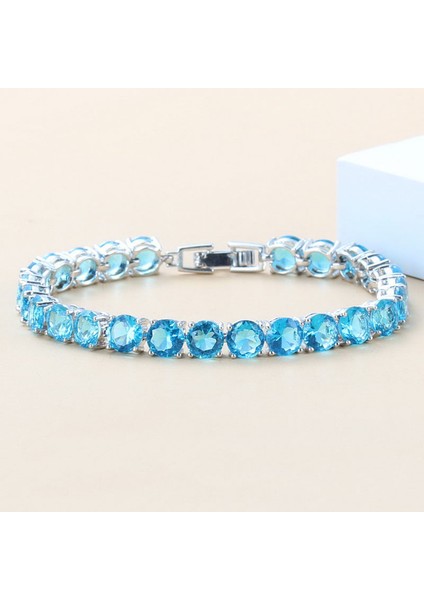 Gökyüzü Mavi Moda Kadın 925 Mark Kostüm Mavi Zirkon Takı Yerleşimi Zincir Bağlantı Bilezik Bileklik Ayarlanabilir Uzunluk 18 + 3 cm (Yurt Dışından)