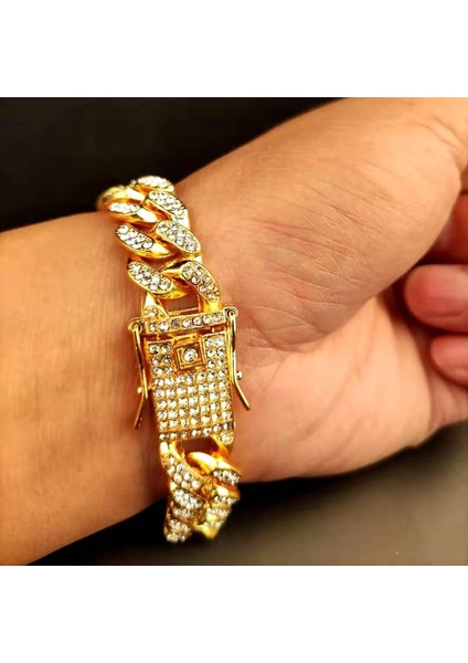 Gül Altın Rengi 8 Inç Erkekler Hip Hop Buzlu Out Bling Zincir Bilezik Açacağı Ayar Cz Taş 13MM Miami Küba Zincirleri Hiphop Bilezikler Erkek Moda Takı (Yurt Dışından) fırsatları