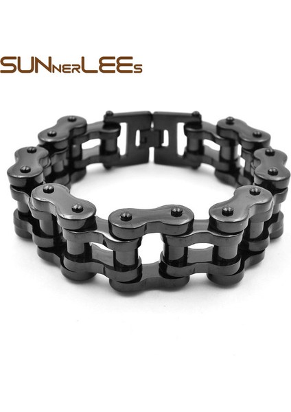 Siyah 12MM x 24CM Sunnerlees 316L Paslanmaz Çelik Bilezik Bileklik Biker Bisiklet Motosiklet Link Zinciri Gümüş Renk Altın Kaplama Erkek Boy BC01 (Yurt Dışından)