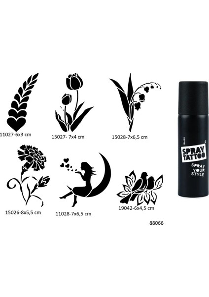 Çiçek Melek 6 Adet Şablon ve Siyah Sprey Geçici Dövme Seti