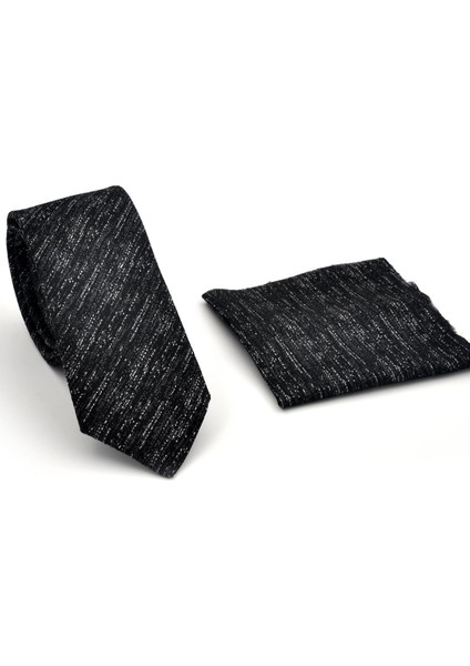 Füme Gri Kırcıl Siyah Dokuma Kumaş Mendilli Slim Fit Kravat SDK230918