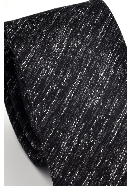 Füme Gri Kırcıl Siyah Dokuma Kumaş Mendilli Slim Fit Kravat SDK230918