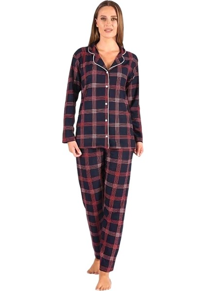 Ekose Kareli Boydan Düğmeli Süet Bayan Pijama Takım