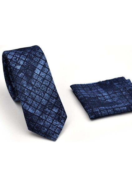 Mavi Lacivert Küp Dokuma Kumaş Mendilli Slim Fit Kravat SDK230909