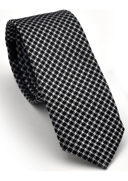 Beyaz Kaz Ayağı Siyah Dokuma Kumaş Mendilli Slim Fit Kravat SDK230903