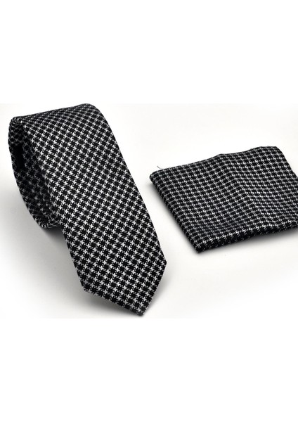 Beyaz Kaz Ayağı Siyah Dokuma Kumaş Mendilli Slim Fit Kravat SDK230903 fiyatları