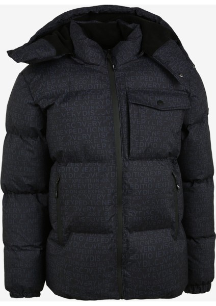 Lacivert Erkek Kapüşonlu Baskılı Mont D3WM-MNT5