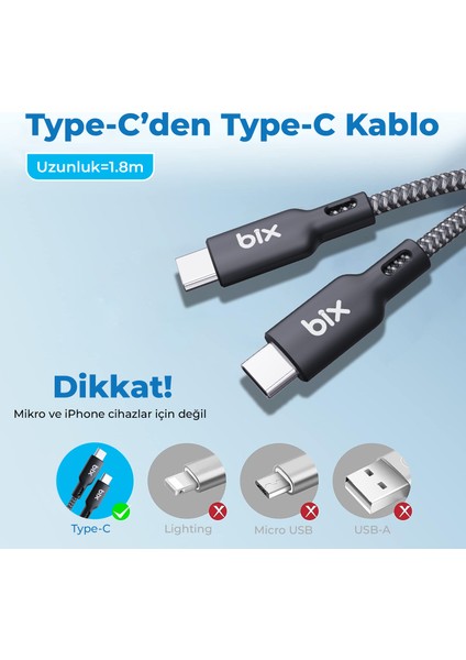 BXCC240 Type-C to Type-C 240W 480Mbps Veri Aktarım Destekli USB-IF Sertifikalı Hi-Speed Örgülü Şarj ve Data Kablosu 1.8 Metre Macbook iPad Samsung Uyumlu
