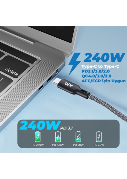 BXCC240 Type-C to Type-C 240W 480Mbps Veri Aktarım Destekli USB-IF Sertifikalı Hi-Speed Örgülü Şarj ve Data Kablosu 1.8 Metre Macbook iPad Samsung Uyumlu