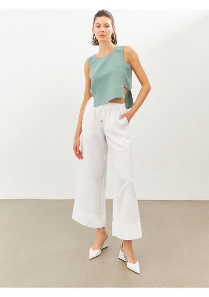 Beyaz Keten Beli Lastikli Yüksek Bel Pantolon