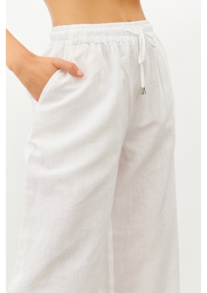 Beyaz Keten Beli Lastikli Yüksek Bel Pantolon fiyatları