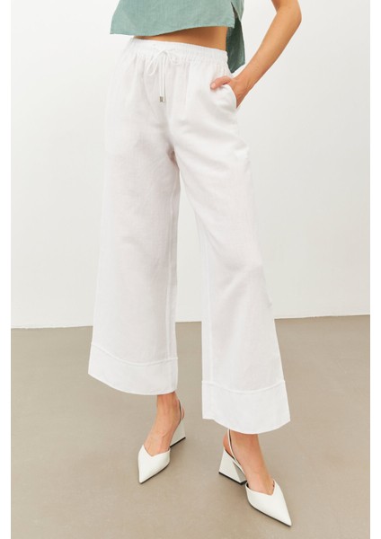Beyaz Keten Beli Lastikli Yüksek Bel Pantolon modelleri
