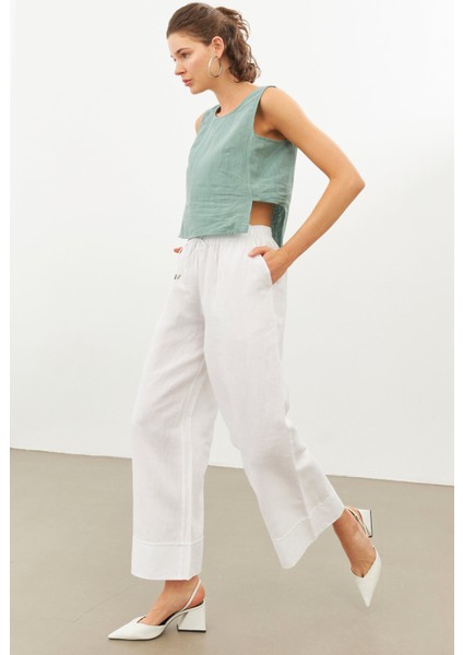 Beyaz Keten Beli Lastikli Yüksek Bel Pantolon fırsatları