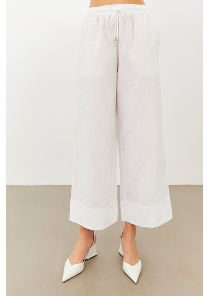 Beyaz Keten Beli Lastikli Yüksek Bel Pantolon indirimleri