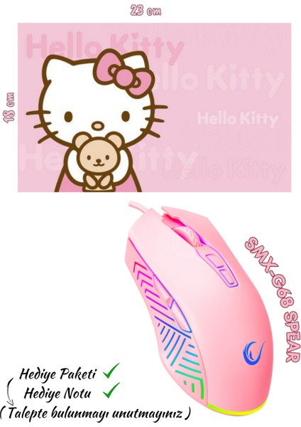 Pink Baby Set, Rampage SMX-G68 Spear 7200DPI Rgb Ledli (Makrolu) Mouse+Hello Kitty 23X18 Mouse Pad