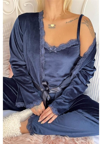 Pijama Evi Lacivert Navy Exclusive Kadife Sabahlıklı Kadın Pijama Takımı 