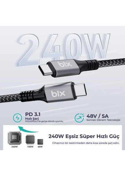 BXCC242 USB4 Thunderbolt 3/4 Uyumlu USB-C IF Sertifikalı 240W 40Gbps 8K 60Hz UHD Hızlı Şarj, Data ve Görüntü Aktarım Kablosu 1 Metre