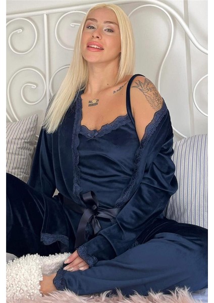 Lacivert Navy Exclusive Kadife Sabahlıklı Kadın Pijama Takımı