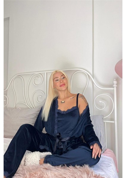 Lacivert Navy Exclusive Kadife Sabahlıklı Kadın Pijama Takımı fiyatları