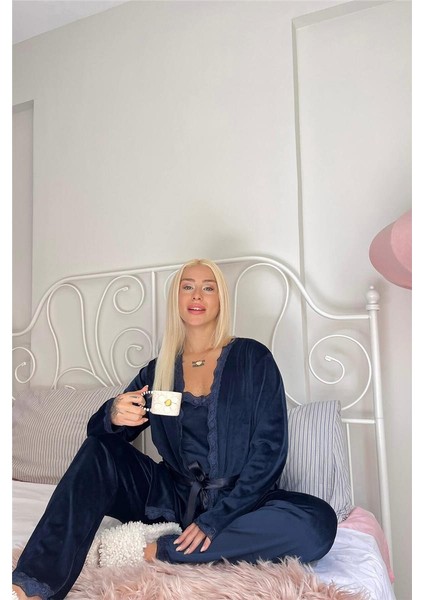 Lacivert Navy Exclusive Kadife Sabahlıklı Kadın Pijama Takımı modelleri