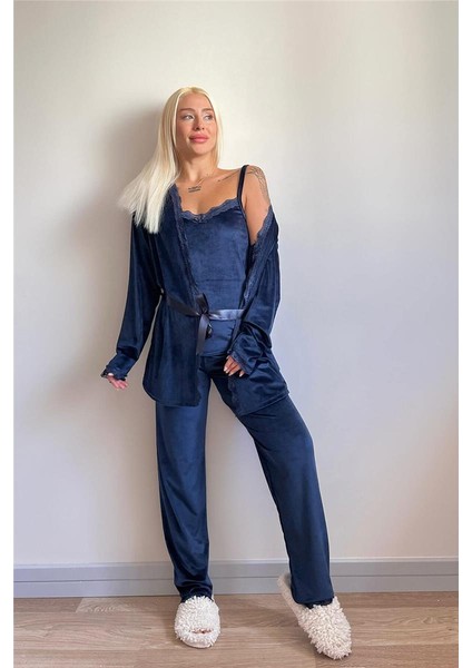 Lacivert Navy Exclusive Kadife Sabahlıklı Kadın Pijama Takımı indirimleri