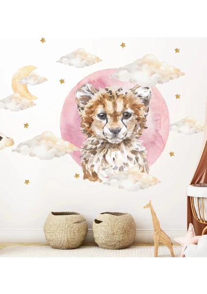 Pembe Ay Yavru Çıta Bulutlar ve Yıldızlar 100 Parça Çocuk Odası Duvar Sticker