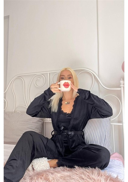 Siyah Nero Exclusive Kadife Sabahlıklı Kadın Pijama Takımı fiyatları