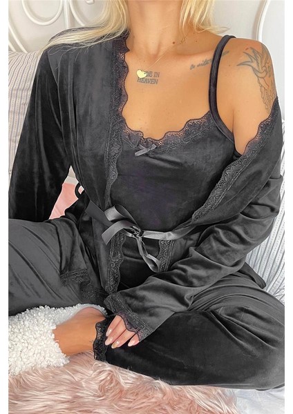 Siyah Nero Exclusive Kadife Sabahlıklı Kadın Pijama Takımı indirimleri