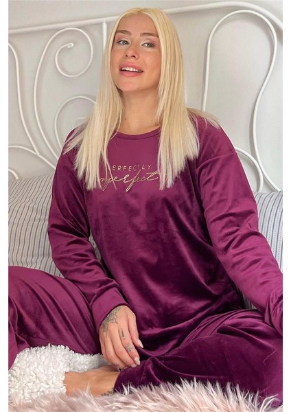 Mürdüm Perfectly Desenli Exclusive Kadife Kadın Pijama Takımı