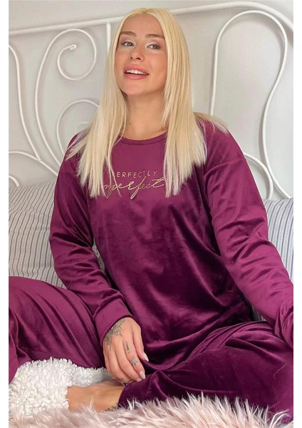 Pijama Evi Mürdüm Perfectly Desenli Exclusive Kadife Kadın Pijama Takımı 