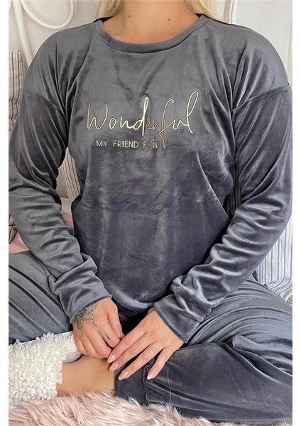 Gri Wonderful Desenli Exclusive Kadife Kadın Pijama Takımı