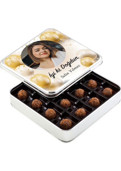 Fotoğraflı Doğum Günü Hediyesi Tahinli Truffle Çikolata (Metal Kutu) - Gold Balonlu