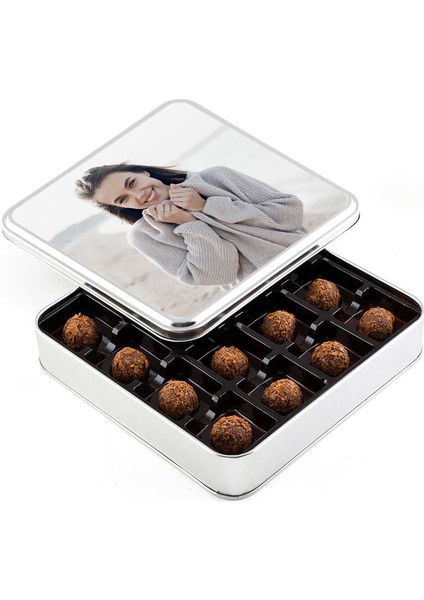 Kendi Fotoğrafınızla Kişiye Özel Hediye Tahinli Truffle Çikolata (Metal Kutu)