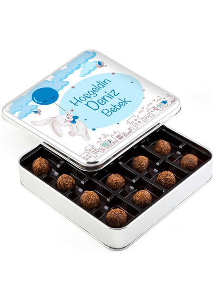 Erkek Bebek Hediyesi Tahinli Truffle Çikolata (Metal Kutu)