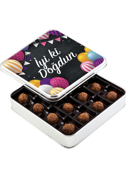 Doğum Günü Hediyesi Tahinli Truffle Çikolata (Metal Kutu) - Renkli Balonlu