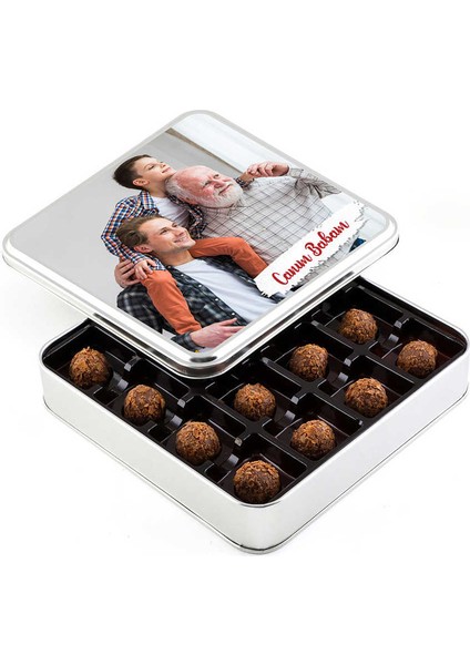 Babaya Fotoğraflı Hediye Tahinli Truffle Çikolata (Metal Kutu)