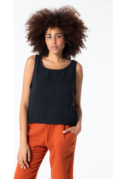 Siyah Müslin Kalın Askılı Crop Bluz