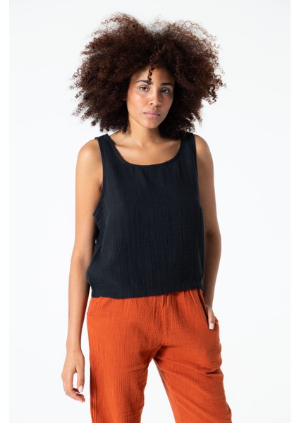 Siyah Müslin Kalın Askılı Crop Bluz