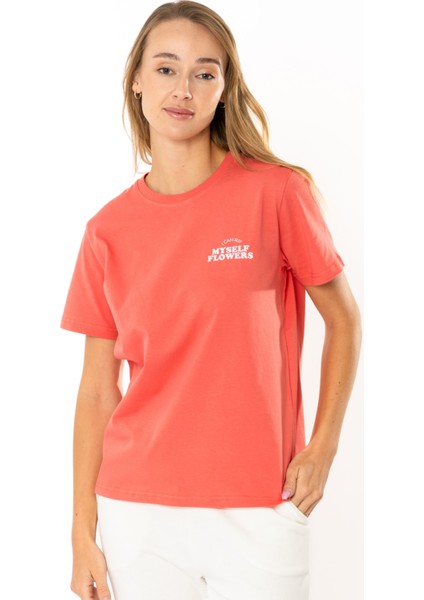 Flower Regular T-Shirt Kadın - Somon