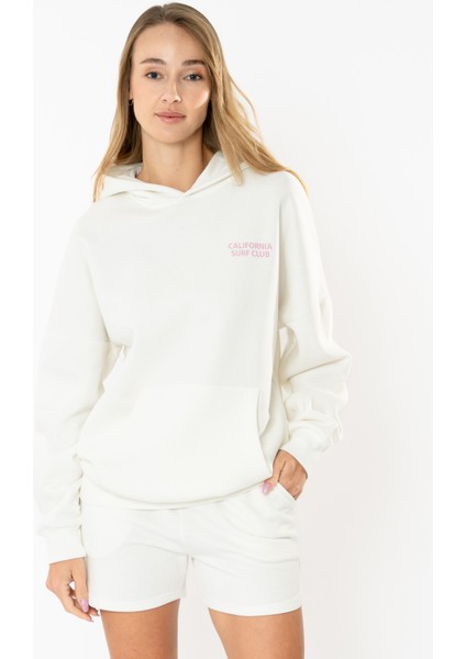 Surf Oversize Hoodie Kadın - Ekru