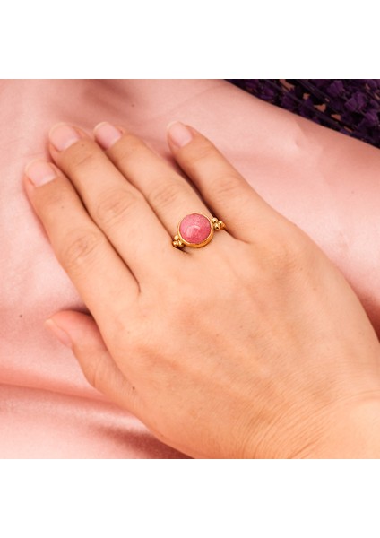 Pembe Jade Taşlı Altın Kaplama Yuvarlak Bayan Gümüş Yüzük modelleri