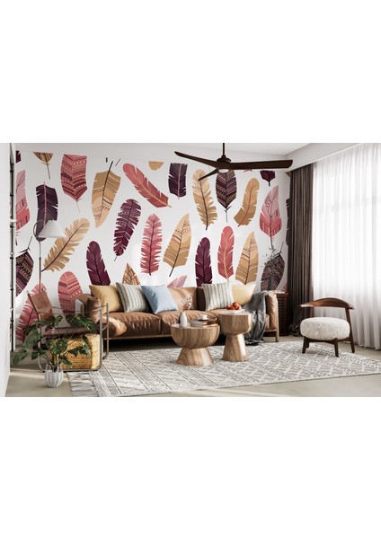 Bohem Duvar Resmi, Pastel Renkli Kuş Tüyleri Duvar Kağıdı